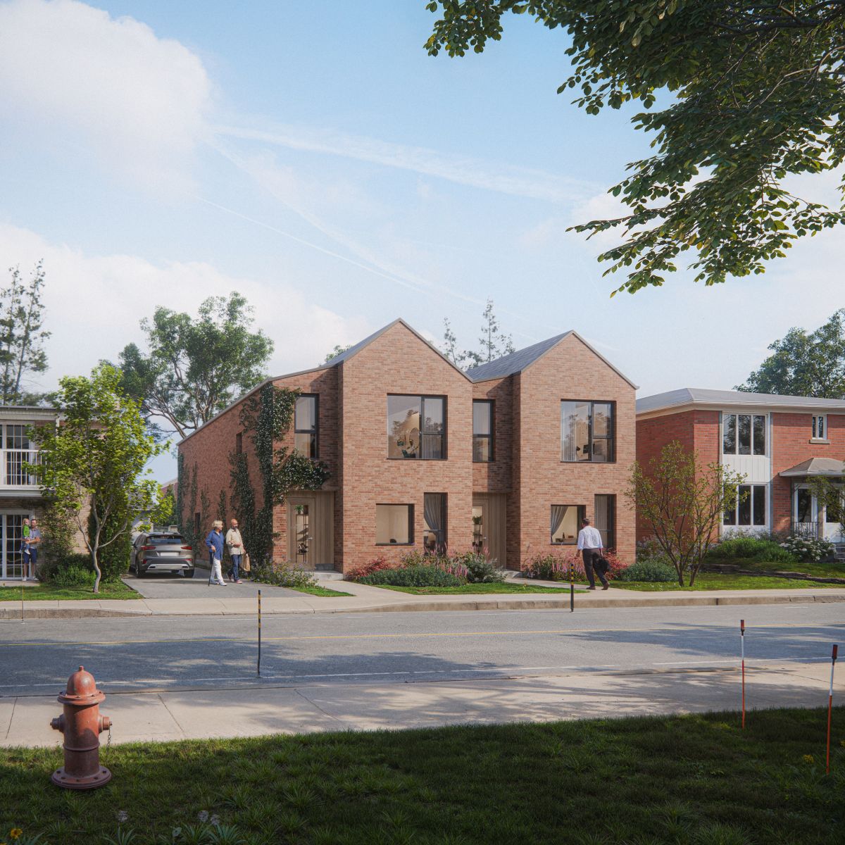 A 3D rendering of a brick fourplex with a pitched roof and lush greenery climbing its facade.